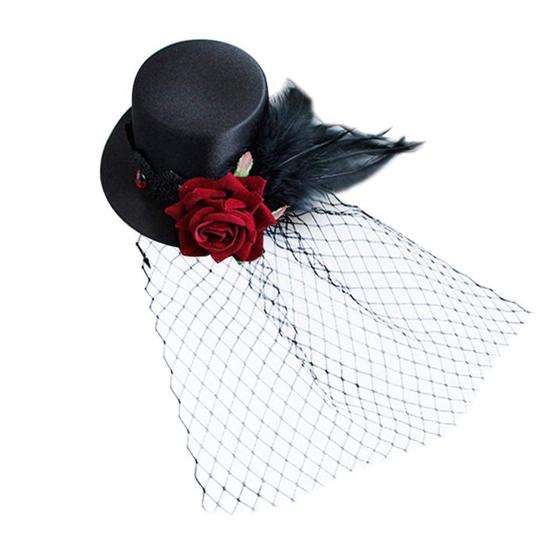 LEORX Small Top Hat Black Veil Hair Clip Flower Decor Top Hat Hair Accessories for Masquerade and Halloween - Image 1